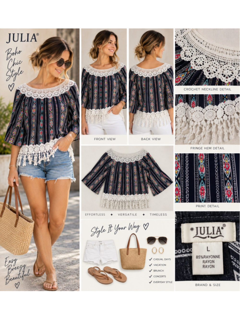 Julia Boho Geometric Striped Crochet Lace Fringe Bell Sleeve Top Black Large